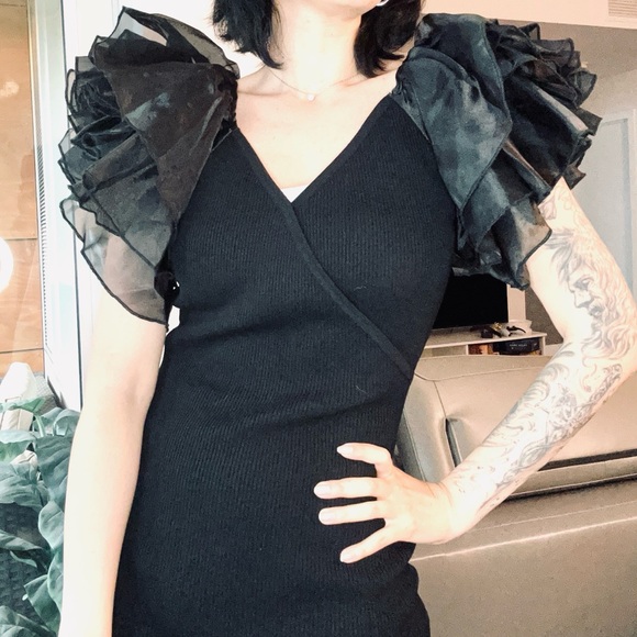 Elegant Puffy Sleeves Pencil Sweater Dress - Picture 3 of 10